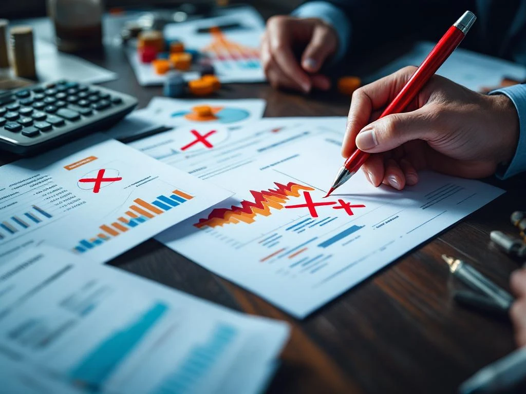 Zakenman markeert financiële documenten met rode pen op donker houten bureau, rekenmachine en grafieken zichtbaar