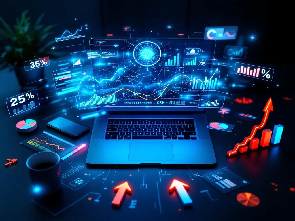 Laptop met holografisch CRM-dashboard met verkoopgrafieken, analyses en datavisualisaties in blauw en oranje