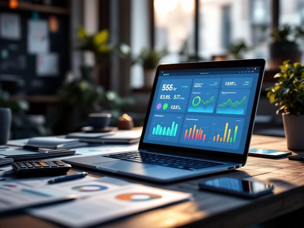 Laptop met budgetdashboard en grafieken op modern bureau met financiële documenten en calculator in bovenaanzicht