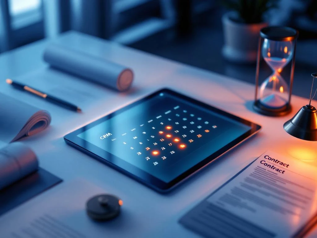 Tablet met kalender toont verlopende contracten in amber, omringd door zandloper en documenten op modern bureau.