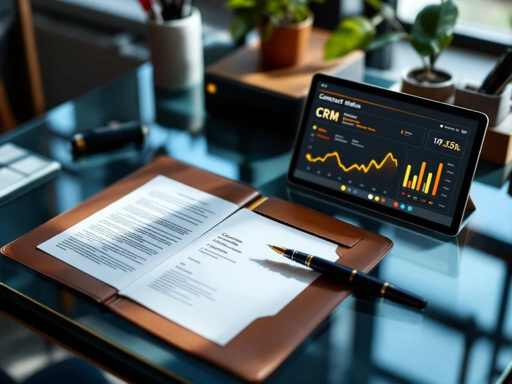 Open leren contractmap met documenten en vulpen op modern bureau naast tablet met CRM-dashboard