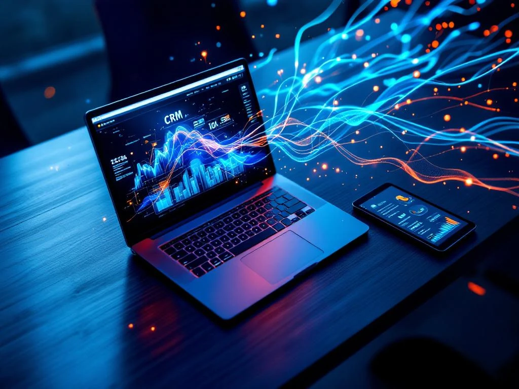 Laptop en tablet met gloeiende datastromen die website automatisch verbinden met CRM-dashboard, bovenaanzicht