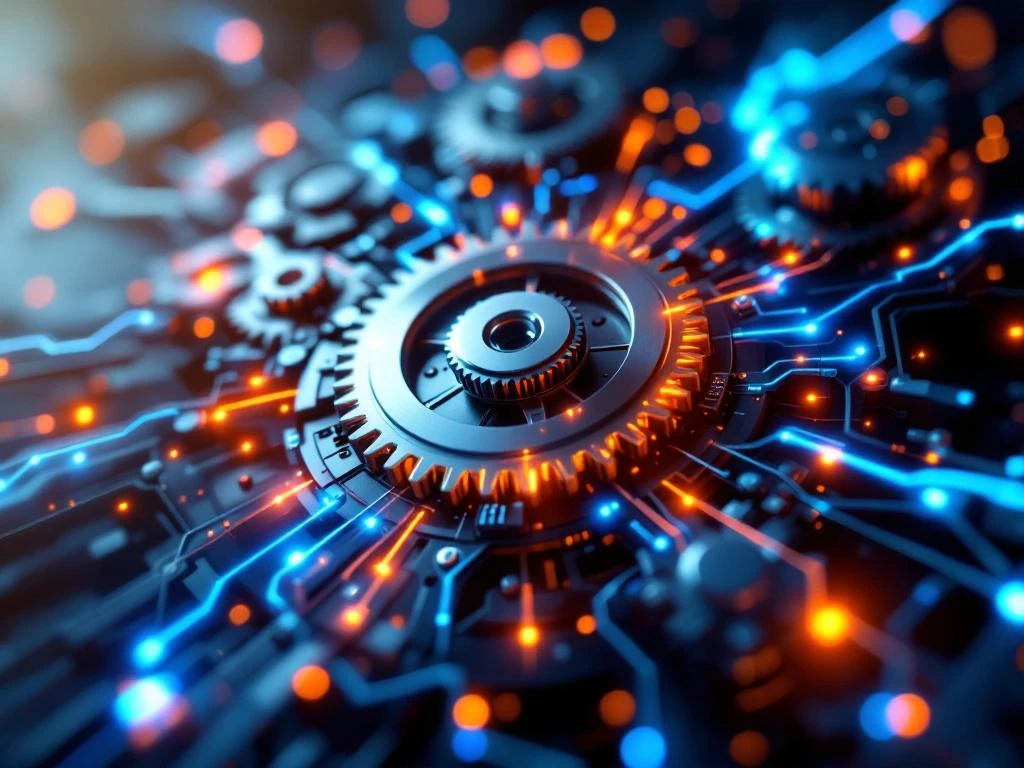 Mechanische tandwielen geïntegreerd met digitale circuits die geautomatiseerde CRM-workflows symboliseren