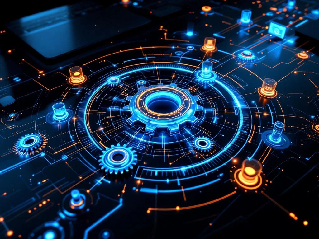 Bovenaanzicht van verlicht CRM-automatisering workflowdiagram met blauwe en oranje knooppunten op donker bureau