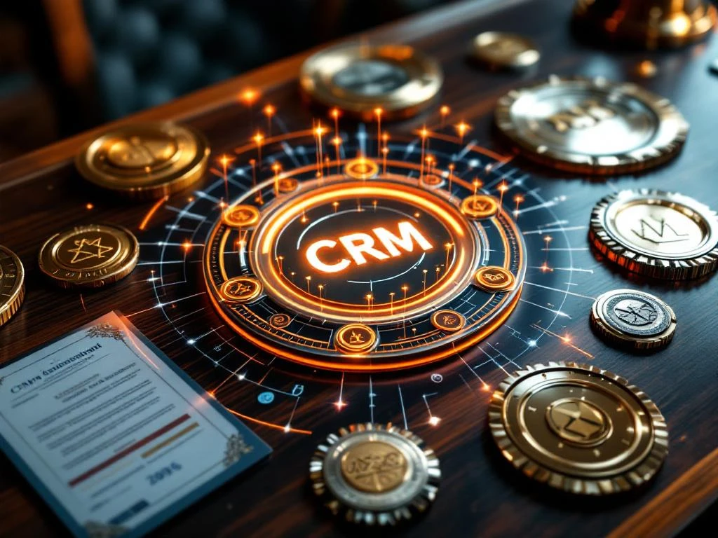 Holografisch CRM-dashboard omringd door gouden en zilveren certificaten en medailles op houten bureau