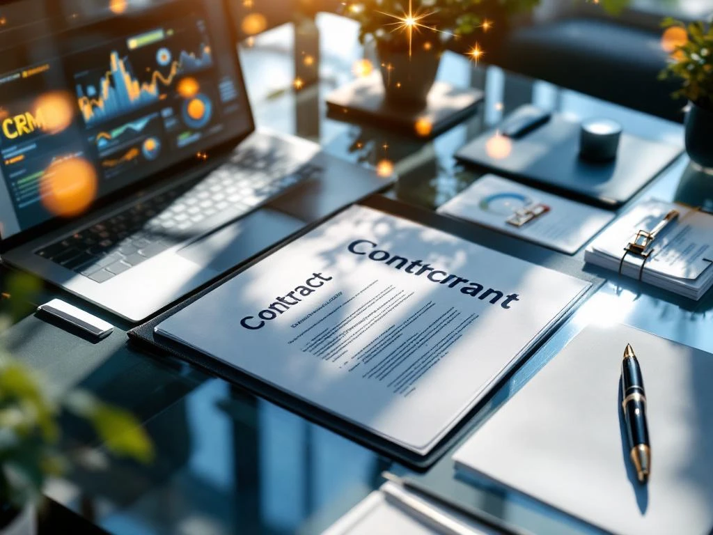 Open contractmap met documenten op modern bureau met laptop met CRM-dashboard en zakelijke accessoires van bovenaf gezien