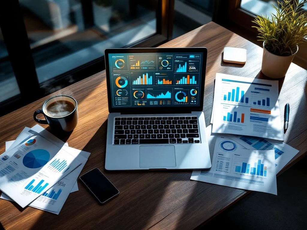 Laptop met kleurrijke data-dashboards op modern bureau met CRM-rapporten, grafieken en koffie, bovenaanzicht