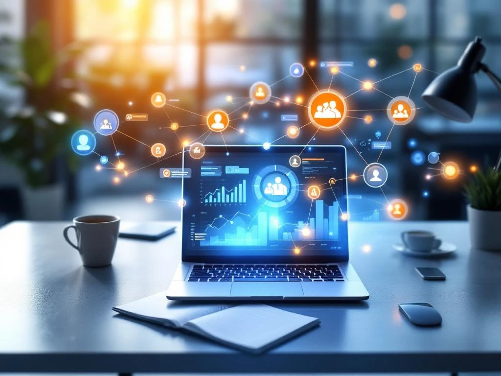 Holografisch CRM-dashboard met datavisualisatie en analyses zweeft boven laptop op modern bureau