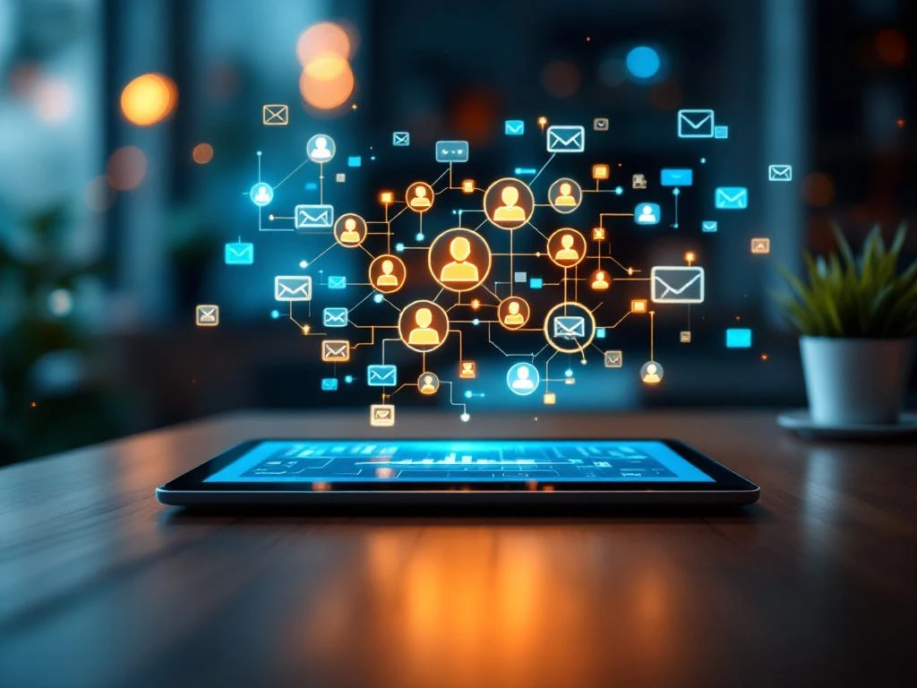 Holografisch CRM-dashboard boven tablet toont klantprofielen en gepersonaliseerde berichtstromen met blauwe en oranje accenten