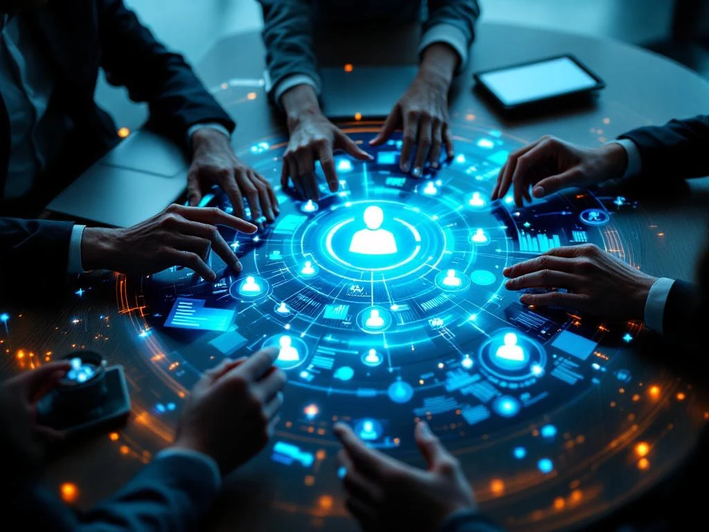 Teamleden werken samen rond holografisch CRM-dashboard met datavisualisaties en laptops op moderne vergadertafel