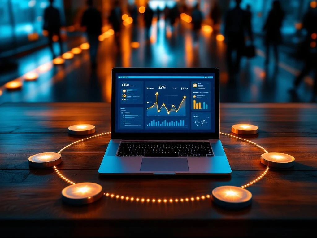 CRM-dashboard op laptop met klantdata-analyse en acht gouden wegmarkeringen die terugkerende klanten symboliseren