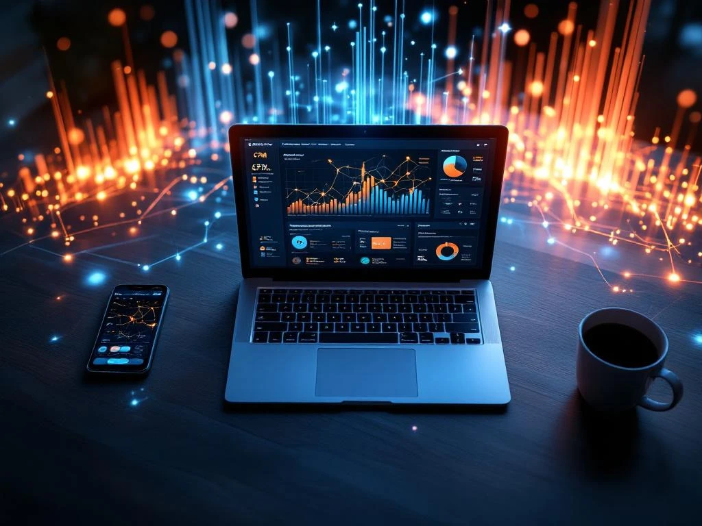 Laptop met CRM-dashboard toont klantverbindingen en retentiemetrics, omringd door smartphone en koffiekop op modern bureau