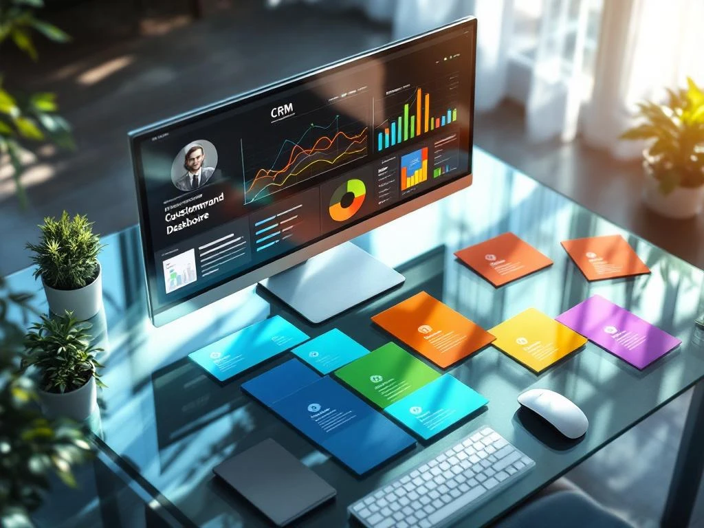 CRM-dashboard op modern bureau met kleurgecodeerde klantprofielen in blauw, groen, oranje en paars vanuit vogelperspectief