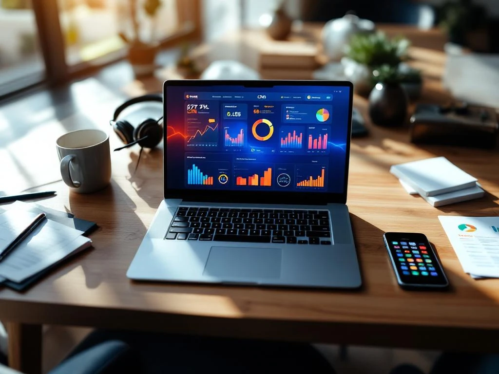 Laptop met CRM-dashboard en klantenservice tools op modern bureau, bovenaanzicht met natuurlijk licht