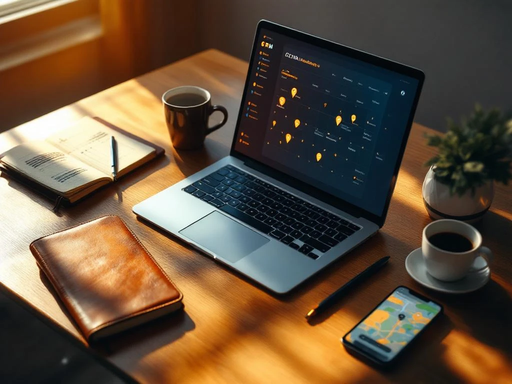 Laptop met CRM-dashboard, agenda en smartphone op houten bureau met natuurlijk licht en koffie