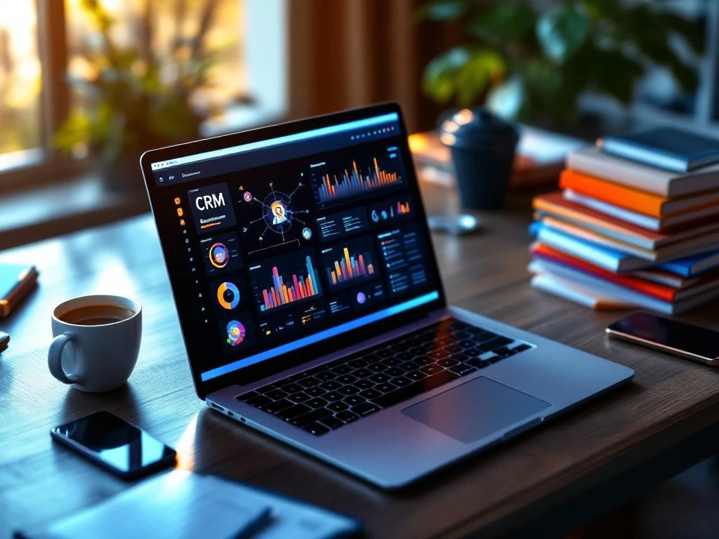 Laptop met verlicht CRM-dashboard, omringd door smartphone, koffie en klantmappen op modern bureau