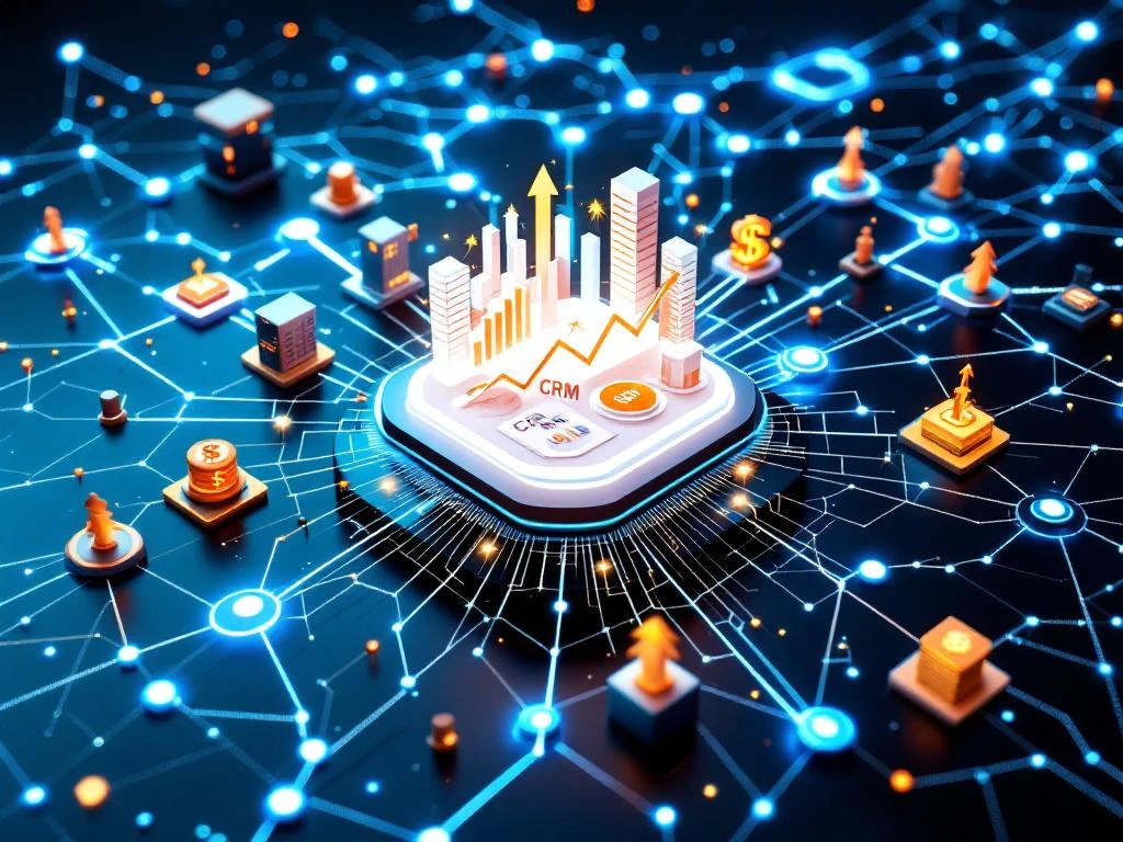 CRM-dashboard met netwerkverbindingen, groeigrafiek en zakelijke elementen in blauw en oranje tinten
