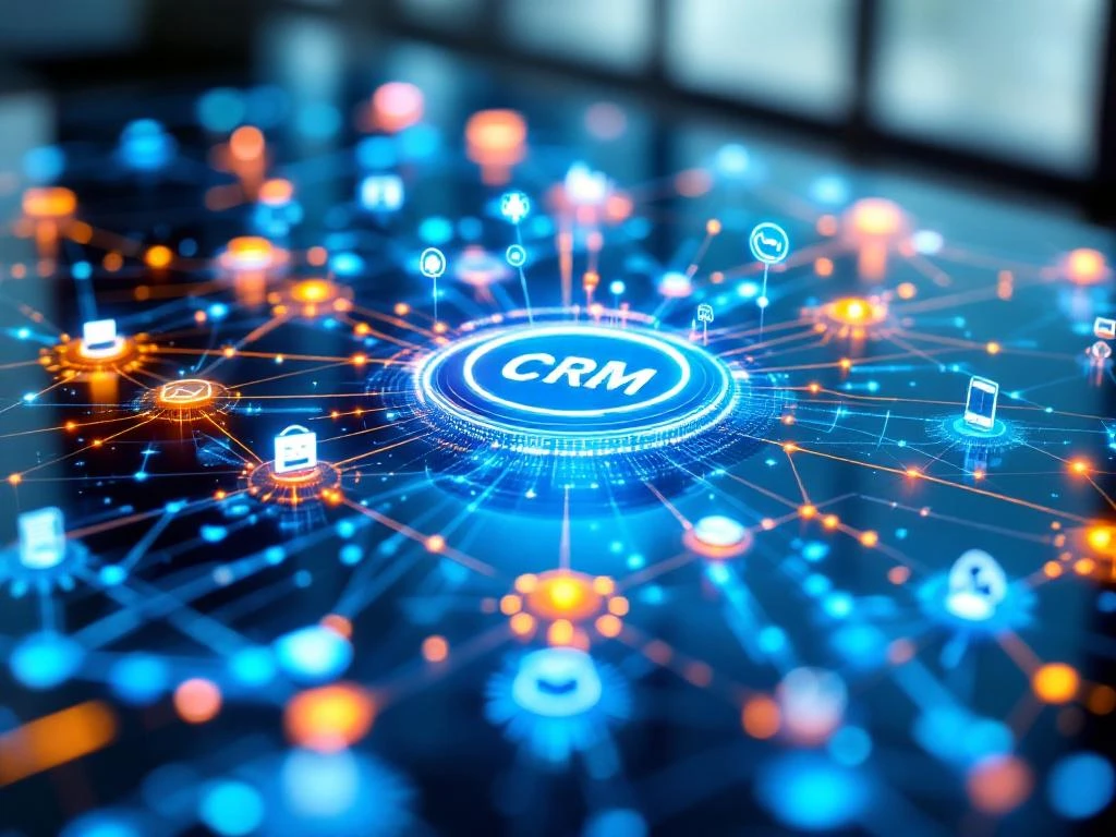 Holografisch CRM-dashboard met verlichte netwerkknooppunten en touchpoint-iconen op modern glazen bureau