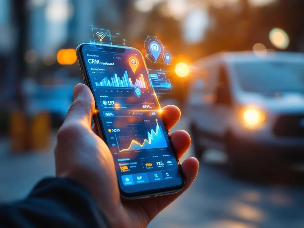 Professionele hand met smartphone met verlicht CRM-dashboard, servicewagen op achtergrond in ochtendlicht