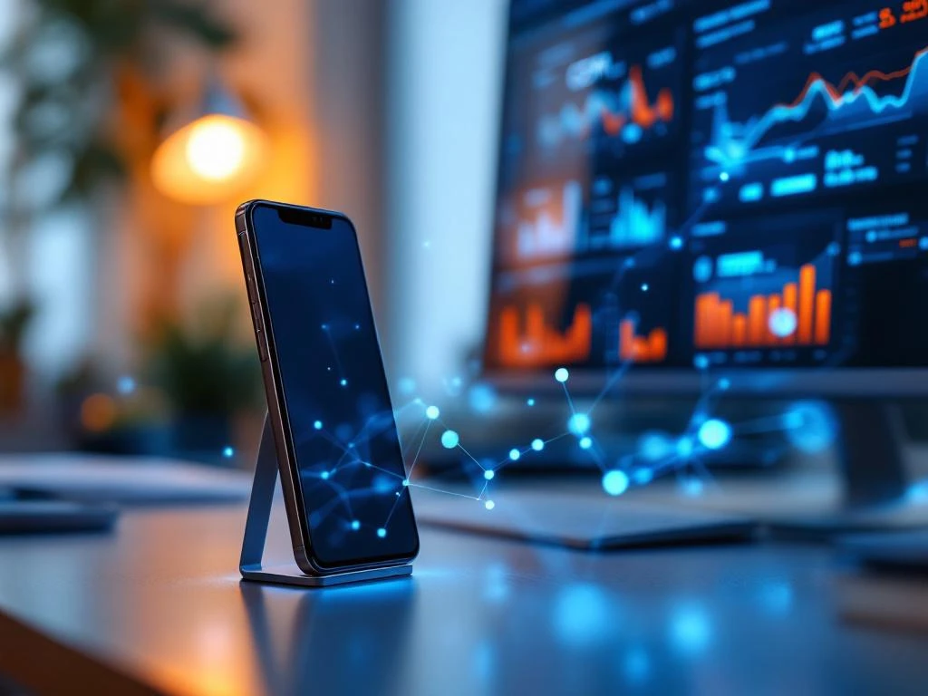 Smartphone verbonden met monitor via blauwe digitale stromen, CRM-dashboard met datavisualisaties op scherm