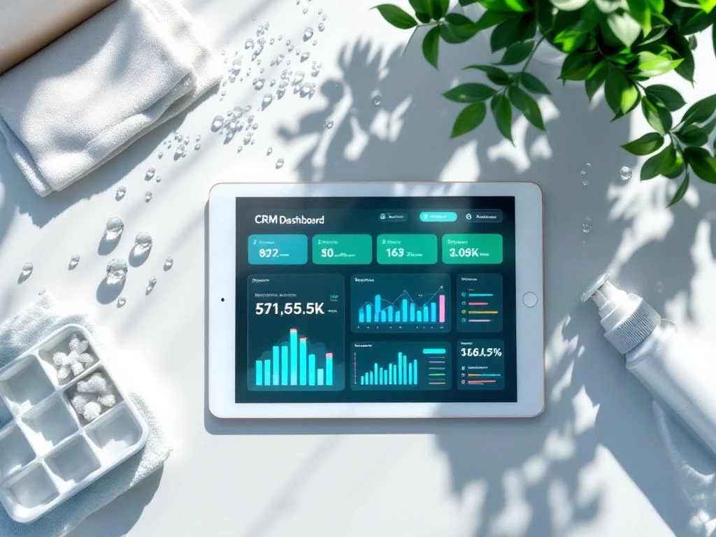 Tablet met georganiseerd CRM-dashboard op modern bureau met schoonmaakhulpmiddelen en natuurlijk licht