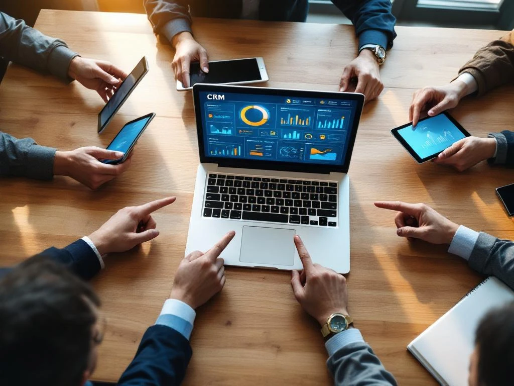 Zakenmensen werken samen rond laptop met CRM-dashboard op modern bureau met natuurlijk licht