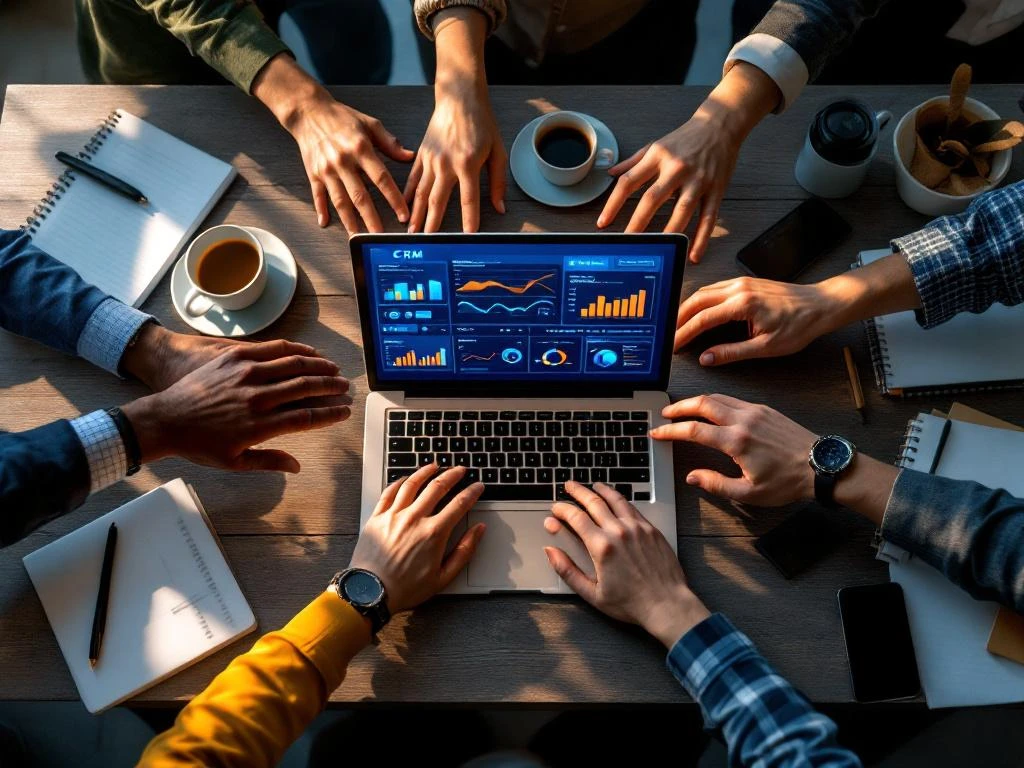 Team werkt samen aan CRM-dashboard op laptop, handen reiken naar scherm met blauwe en oranje datavisualisaties