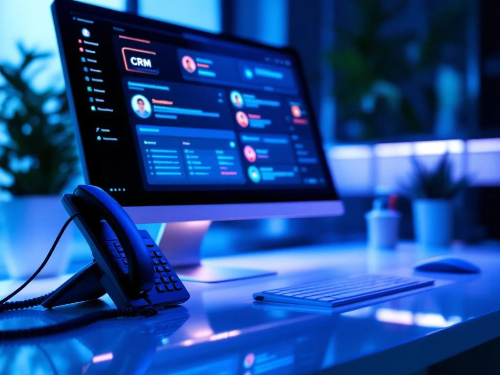 Computermonitor met CRM-dashboard naast bureautelefoon, zakelijke communicatie-integratie met moderne technologie