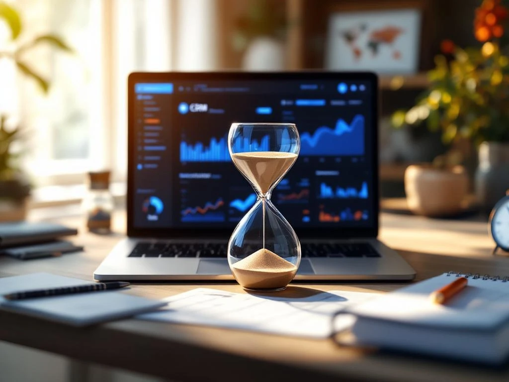 Laptop met CRM-dashboard en strategische planningstools zoals zandloper, kalender en klok op modern bureau