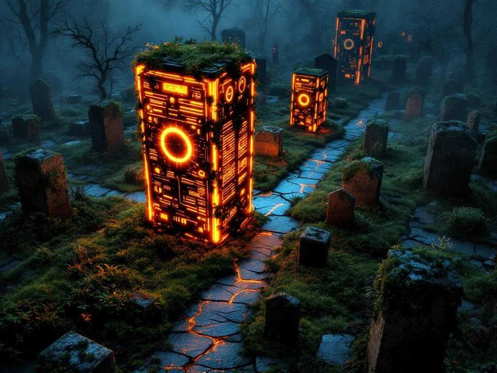 Luchtfoto van verlaten begraafplaats met bemoste servers tegenover verlicht modern CRM-dashboard hologram bij zonsondergang