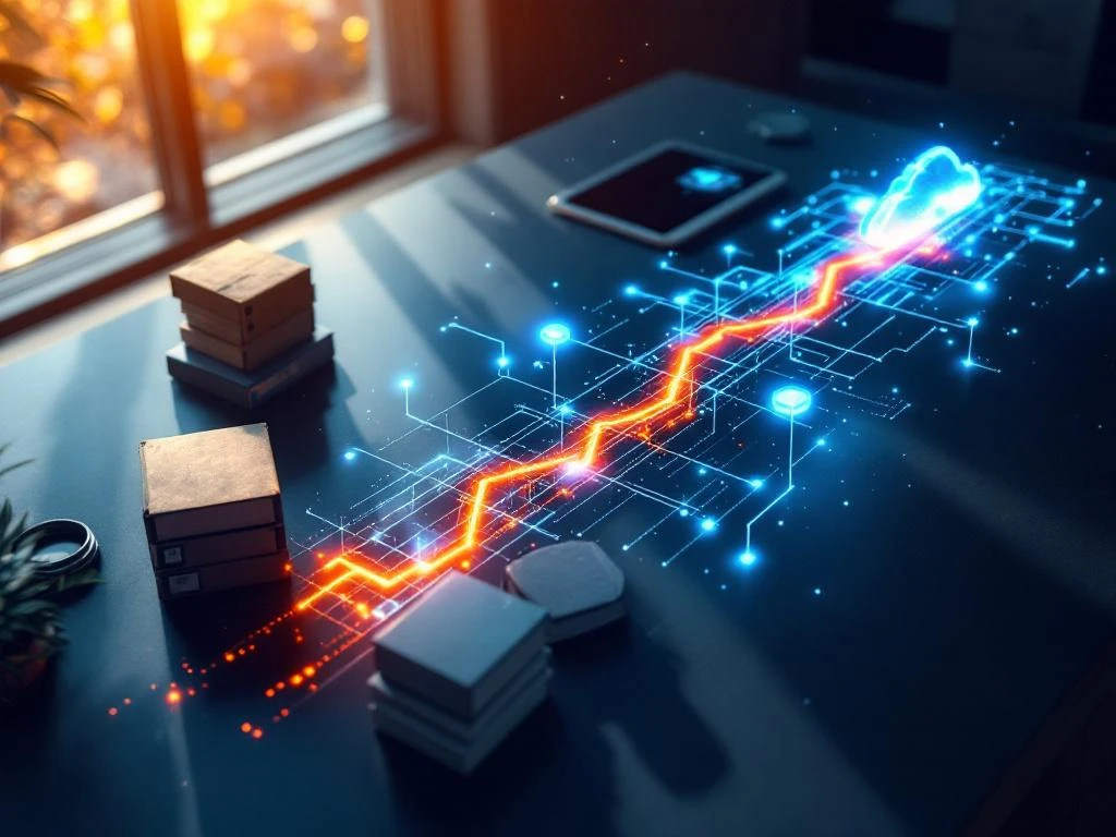 Holografische tijdlijn toont CRM-datatransformatie van oude archiefkast naar moderne cloud-interface op bureau