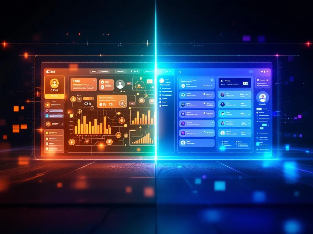 CRM-dashboard met contactnetwerk naast helpdesk-ticketsysteem met supportworkflows in split-screen weergave