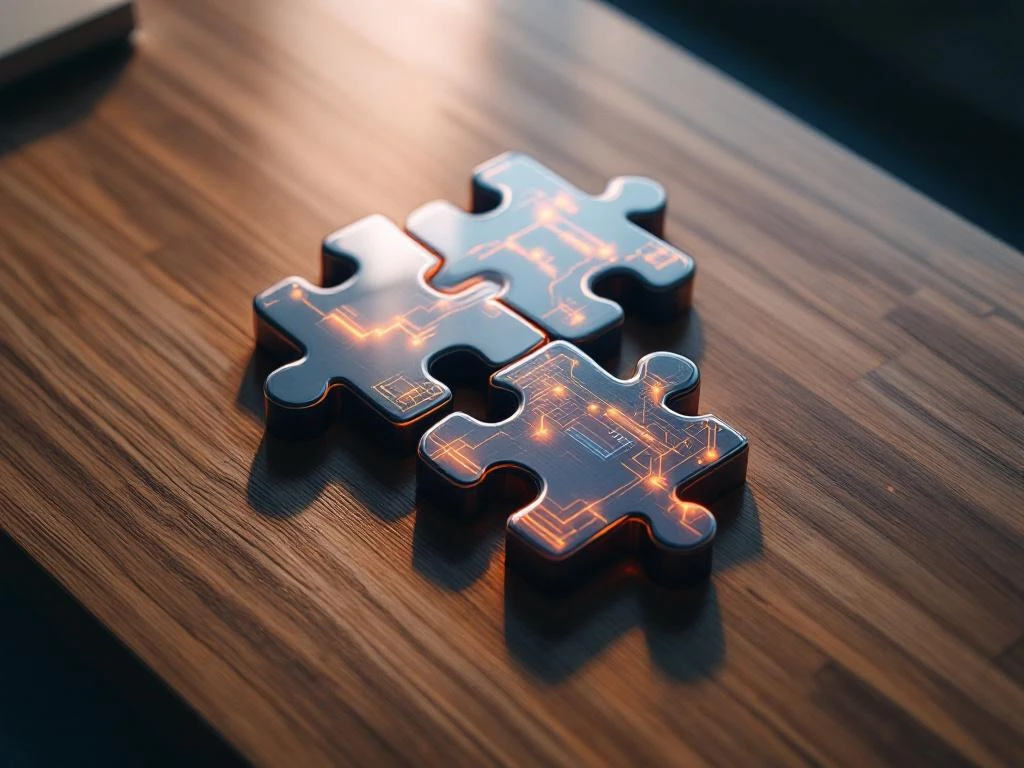 Vier metalen puzzelstukken passen naadloos in een verlicht CRM-dashboard op een houten bureau, bovenaanzicht.