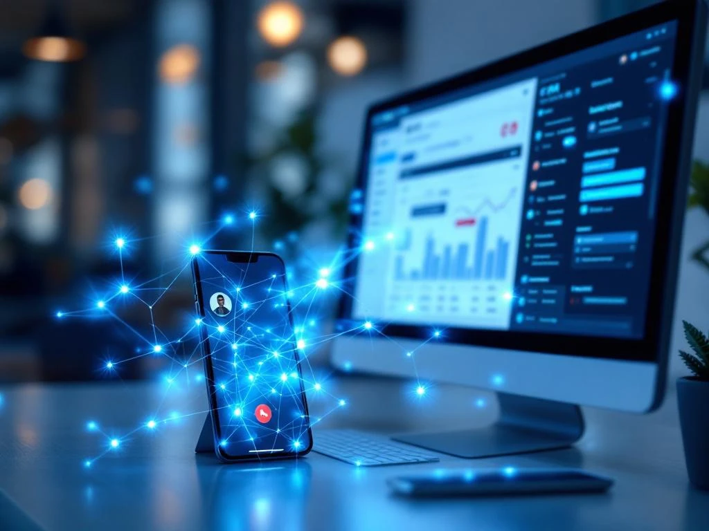 Smartphone en computermonitor verbonden door blauwe datastromen, CRM-dashboard en contacteninterface zichtbaar