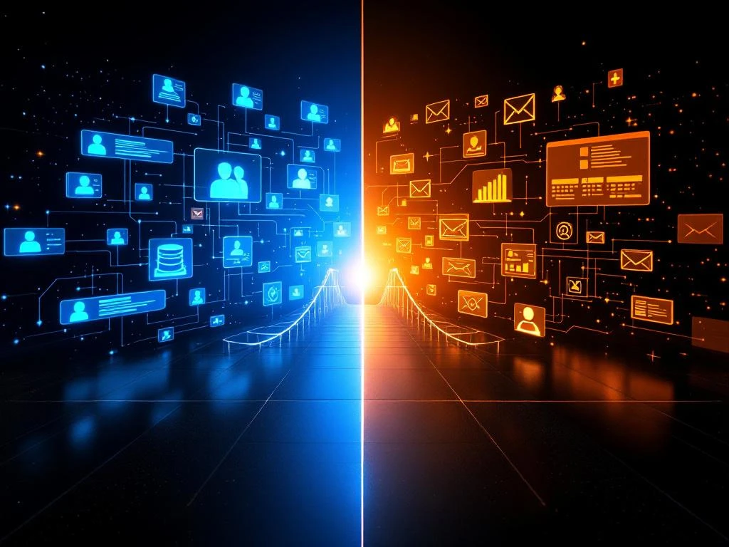 CRM-database met klantprofielen en marketingautomatisering met e-mailcampagnes verbonden door centrale brug