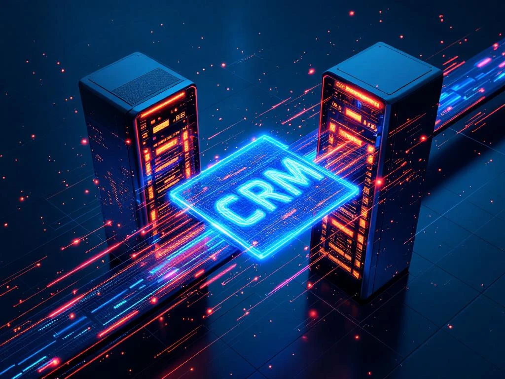 Twee moderne servertorens verbonden door gloeiende datastroom die CRM-migratie van oud naar nieuw systeem symboliseert