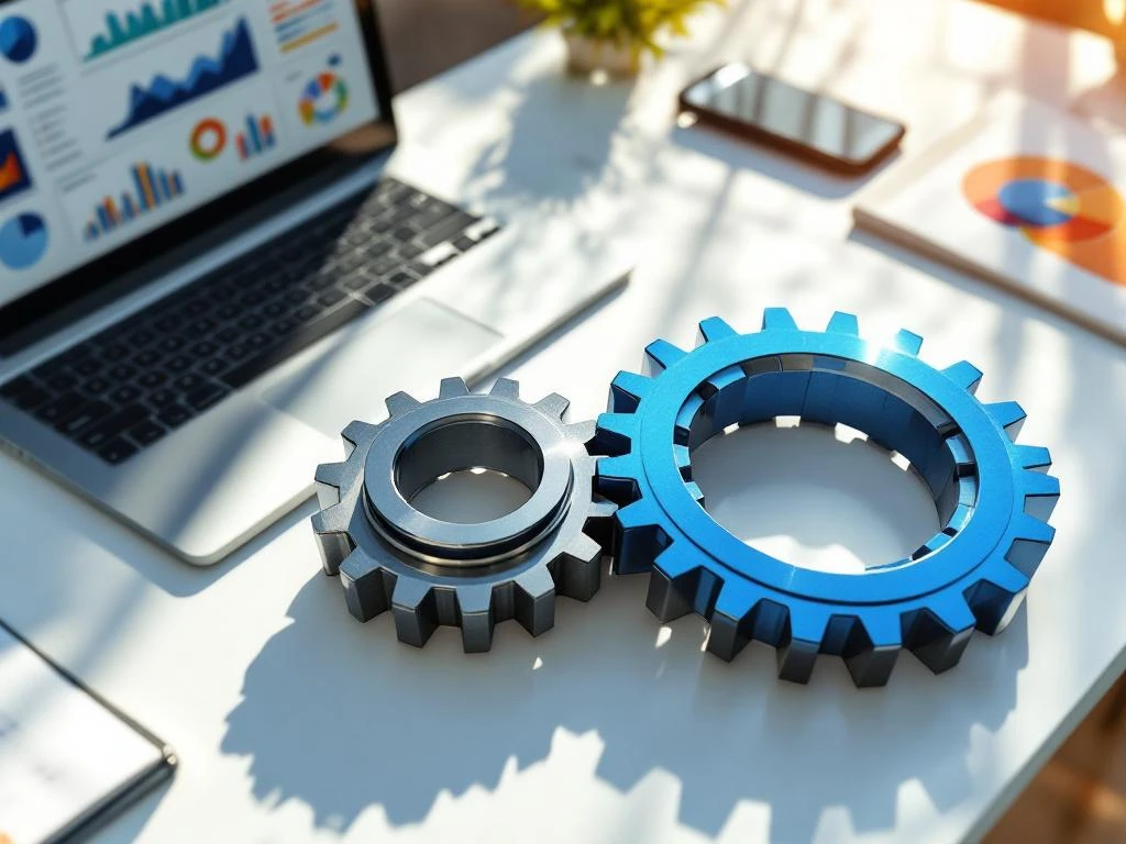 Twee in elkaar grijpende tandwielen op modern bureau symboliseren CRM en projectmanagement integratie met laptop en documenten