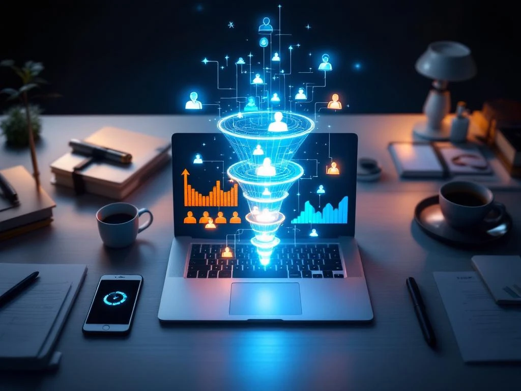 Laptop met holografische verkooptrechter en data-visualisatie op modern bureau met smartphone en kantoorbenodigdheden