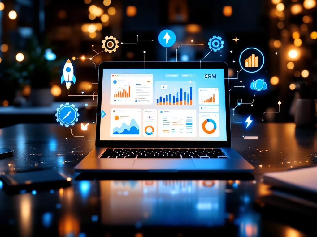 Laptop met kleurrijk CRM-dashboard omringd door zes productiviteitssymbolen op modern bureau, bovenaanzicht