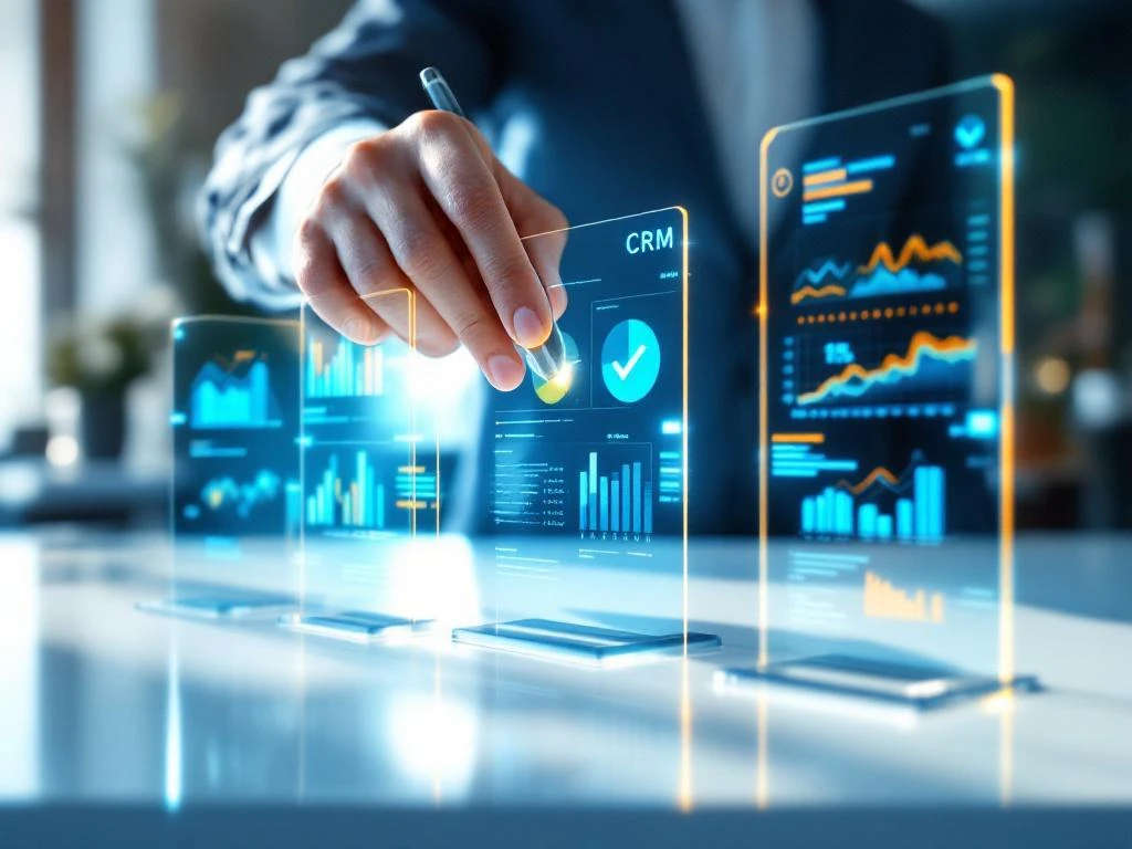 Bovenaanzicht van hand met stylus die CRM-software vergelijkt op drie holografische glazen panelen met grafieken en data