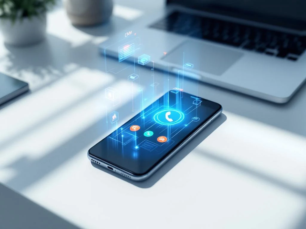 Smartphone met inkomend gesprek op wit bureau, verbonden met laptop via holografische CRM-datalijnen in blauw en oranje
