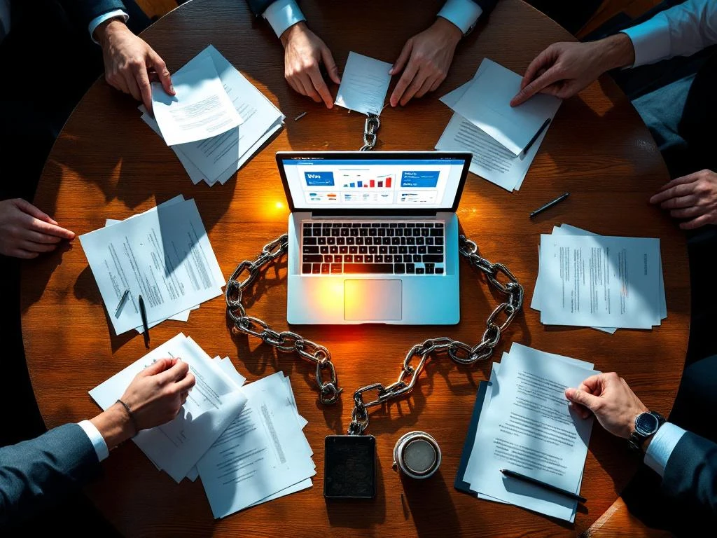 Zakenmensen duwen laptop met CRM-software weg op bestuurskamertafel, symboliseren weerstand tegen technologie