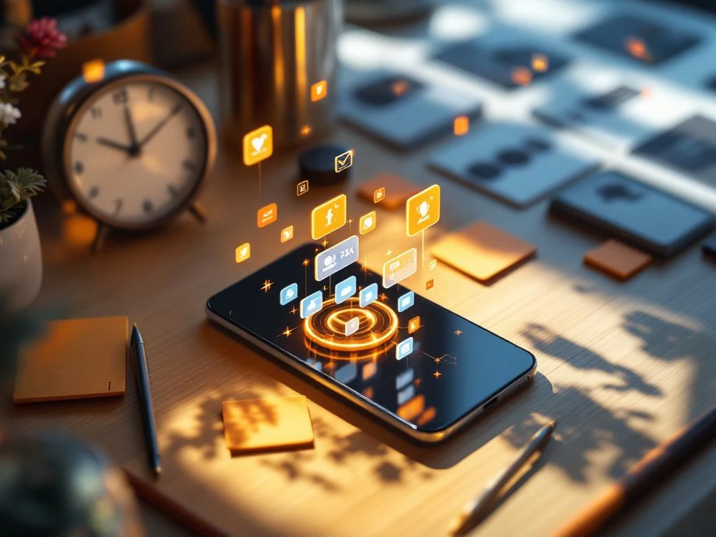 Smartphone met notificaties op modern bureau met agenda, notities en klok voor CRM-beheer