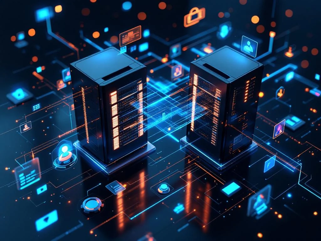 Twee servertorens verbonden door glasvezelkabels met datastroom tijdens digitale migratie en systeemtransformatie