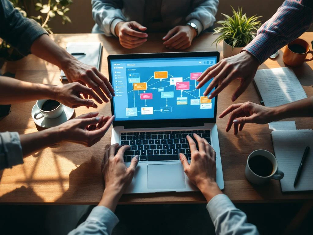 Handen die kleurrijke taakkaarten ordenen op bureau met laptop met projectmanagement dashboard