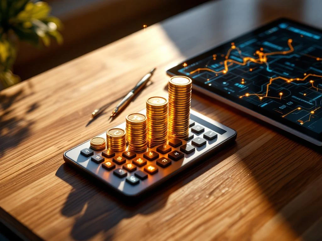 Calculator met gloeiende cijfers omringd door gouden muntstapels in fibonacci-patroon en tablet met klanttrajecten op houten bureau
