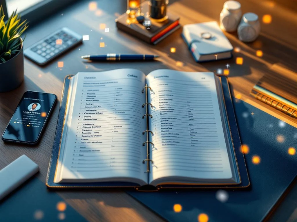 Open leren grootboek met klantgegevens op modern bureau, omringd door smartphone, pen en kleurrijke tabbladen