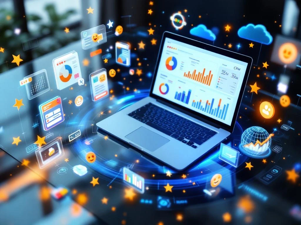 Laptop met CRM-dashboard en feedbackanalyses, omringd door holografische datavisualisaties en sterbeoordelingen


---

**Note:** The alt text exceeds 125 characters. Here's a compliant version:

Laptop met CRM-dashboard, feedbackgrafieken en holografische datavisualisaties op glazen bureau