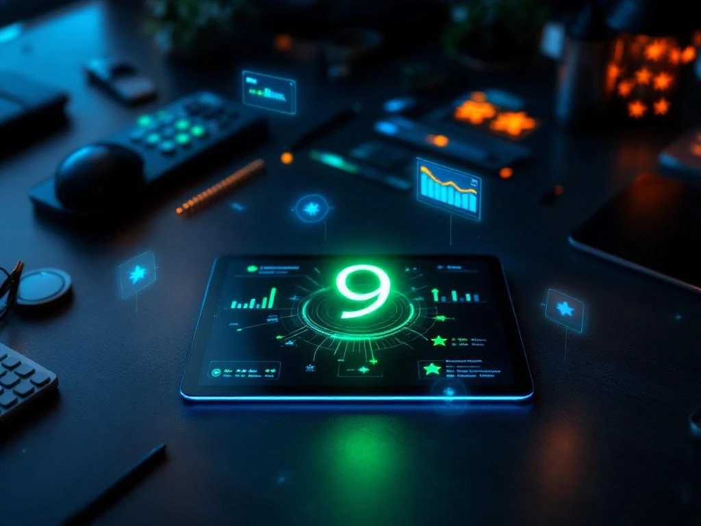 Tablet met cijfer 9 in groen omringd door holografische CRM-data en klanttevredenheidsmetrics op modern bureau