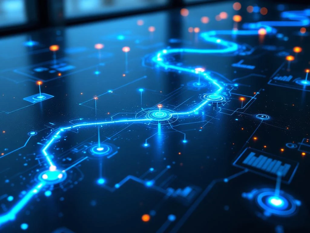 Verlichte klantreis met blauwe route, holografische touchpoints en CRM-dashboardelementen op donkere achtergrond